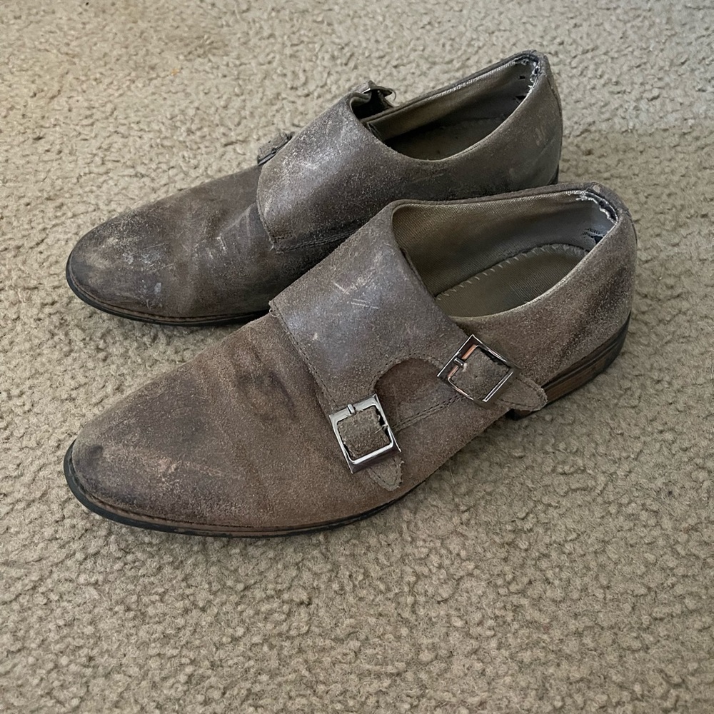 brown raw leather two strap monk shoe
